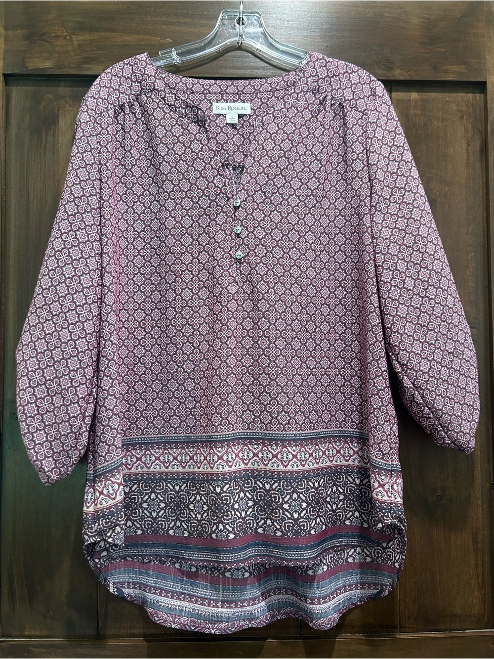 M377 Kim Rogers Plum Printed Button-Front Tunic